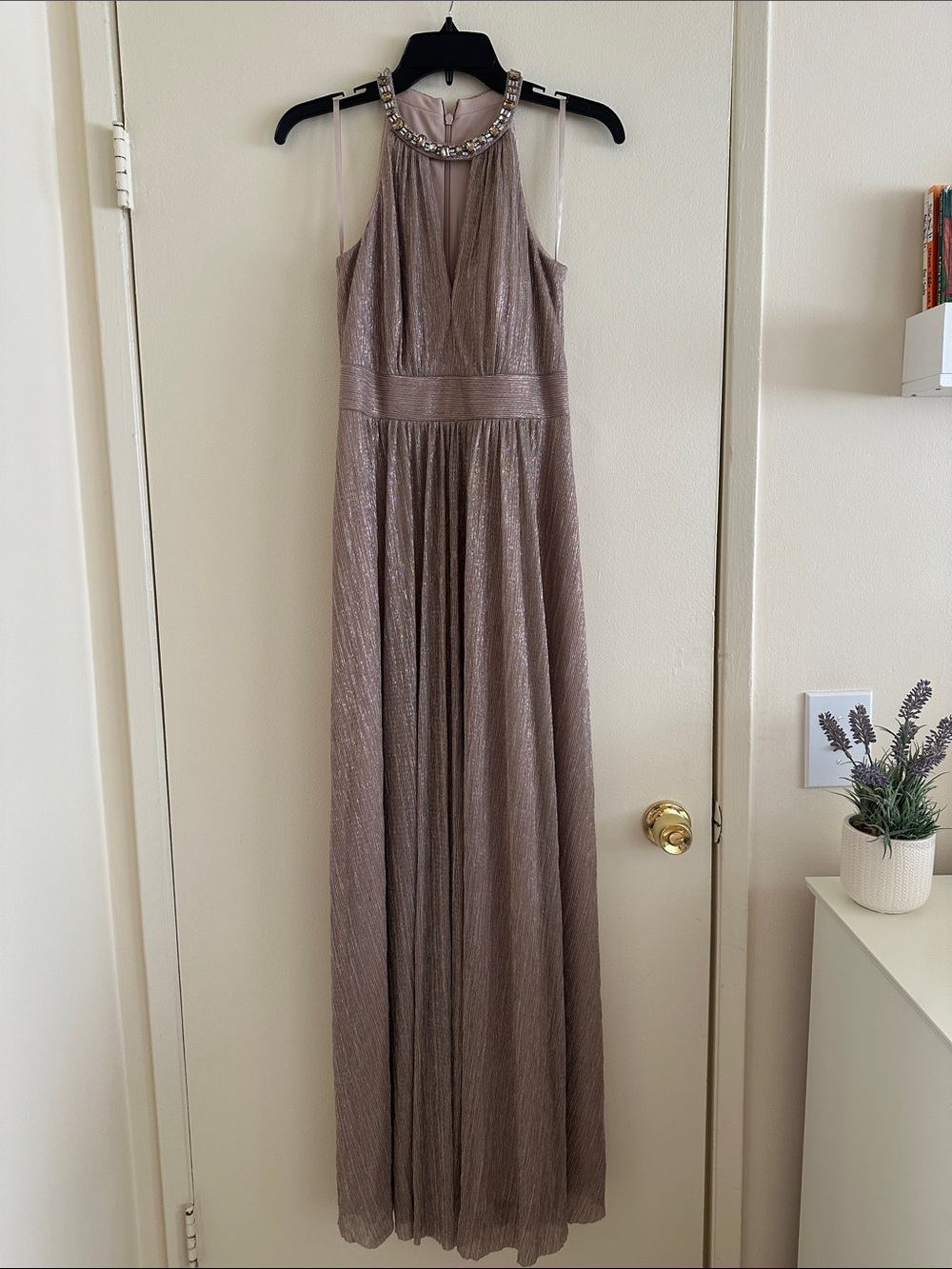 Eliza J Mauve Metallic Halter Evening Gown with Embellished Neckline